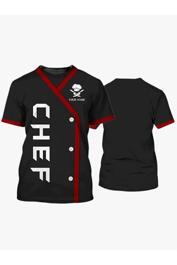 Men Chef Coat Printing Fancy Dress Shirt Casual Short Sleeves Top Chef Jacket Print T-shirt Black XXL