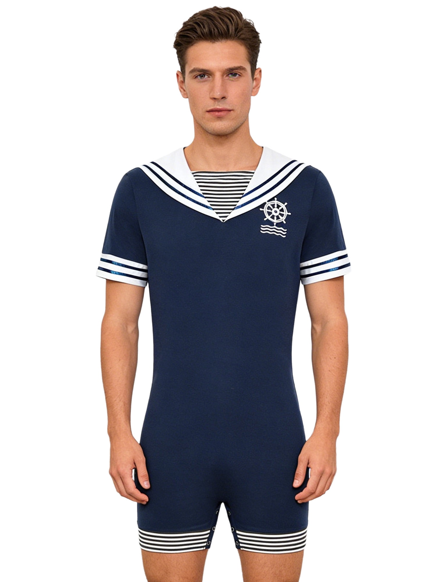 Raenseen Men Navy Collar Rompers Short Sleeve Buttons Crotch Jumpsuit ...