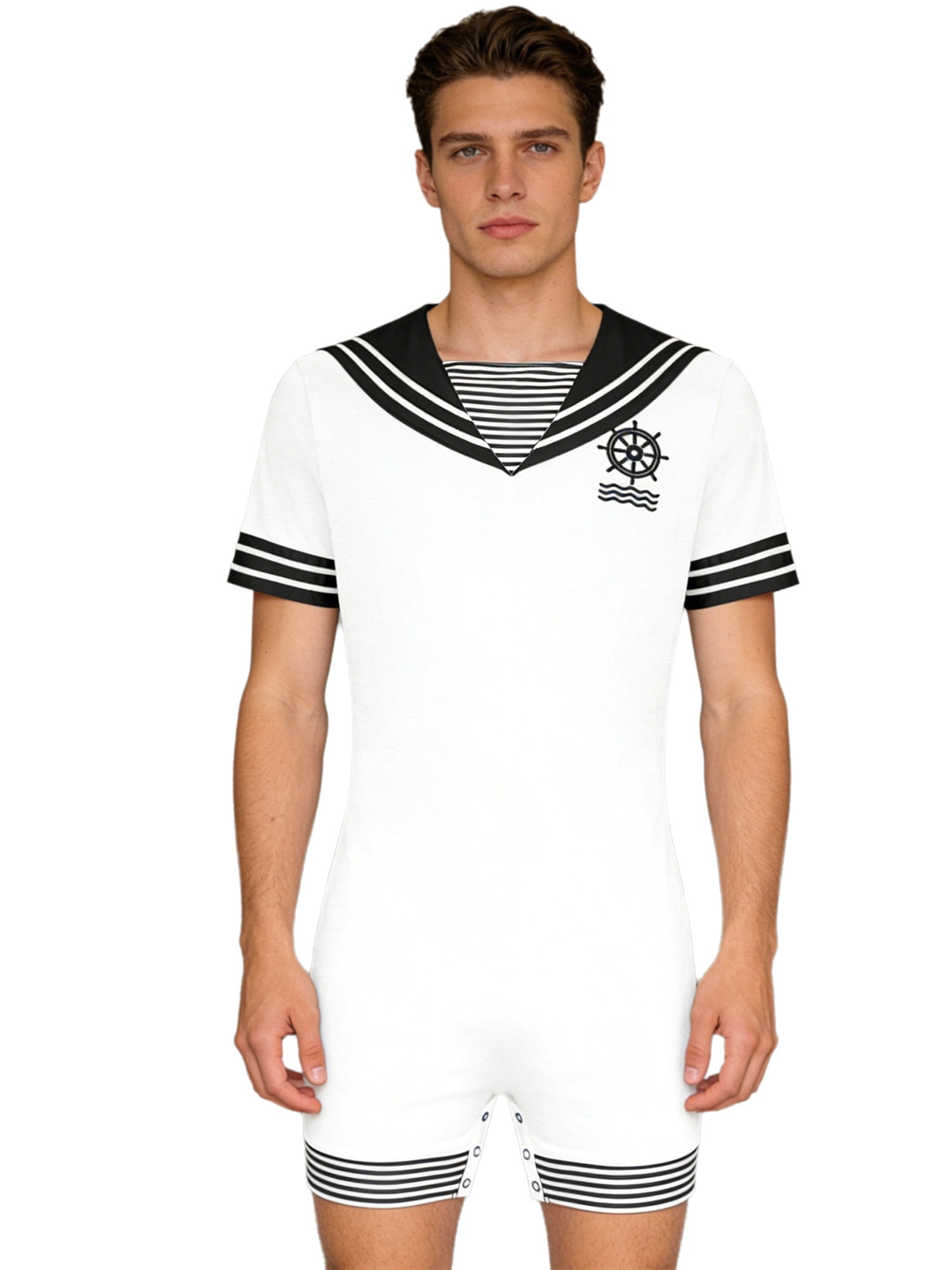 Raenseen Men Navy Collar Rompers Short Sleeve Buttons Crotch Jumpsuit ...
