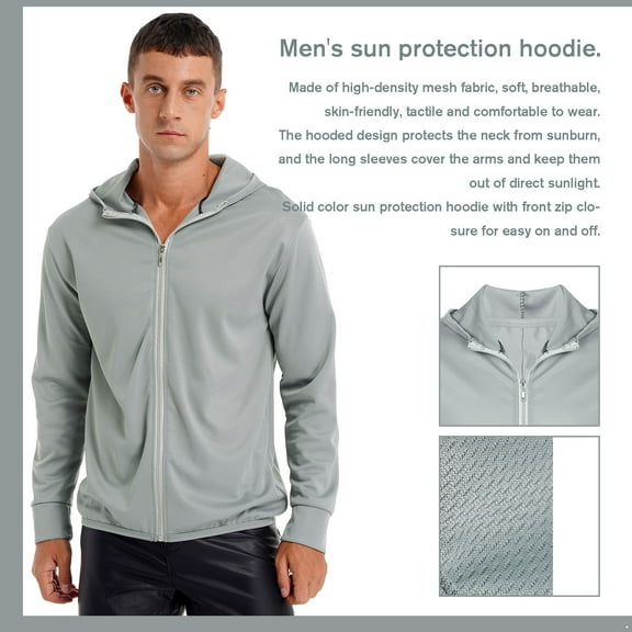 Raenseen Men's Hiking Shirts UPF 50  UV Sun Protection Long Sleeve Zipper Hoodie Jacket Outdoor Grey L