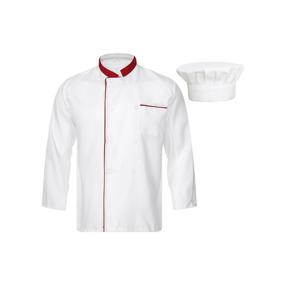 Raenseen Men's Hotel Restaurant Kitchen Food Service Cooking Work Uniform Set Chef Jacket with Hat Red XXL