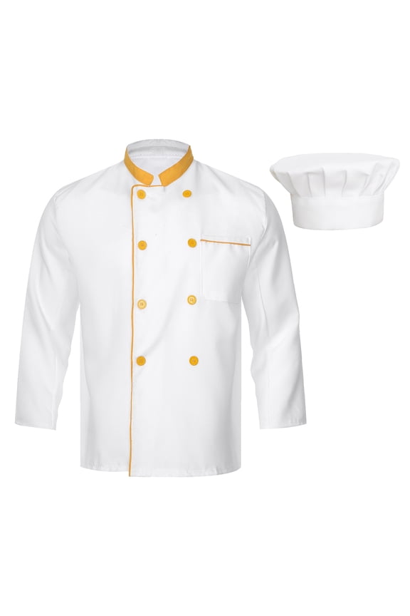 Men's Hotel Restaurant Kitchen Food Service Cooking Work Uniform Set Chef Jacket with Hat Yellow L