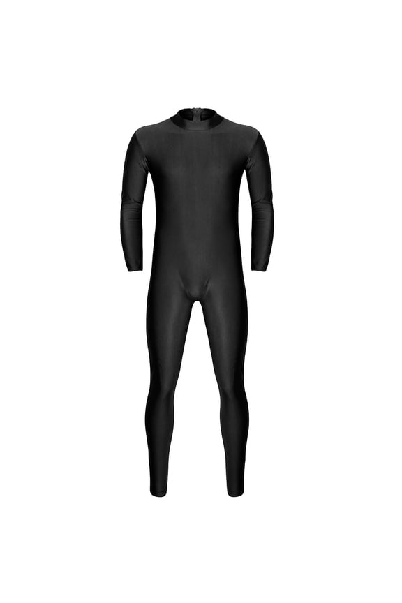 Men's Long Sleeve Zipper Bodysuit Gymnastics Yoga High Neck One Piece Spandex Unitard Black M