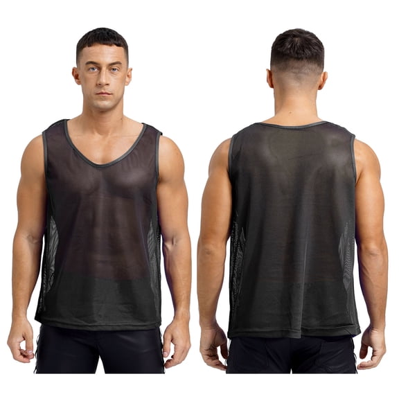 Raenseen Men's Mesh See Through Fishnet Muscle Tank Top Sleeveless Workout Crop Top T-Shirt Night Black XL