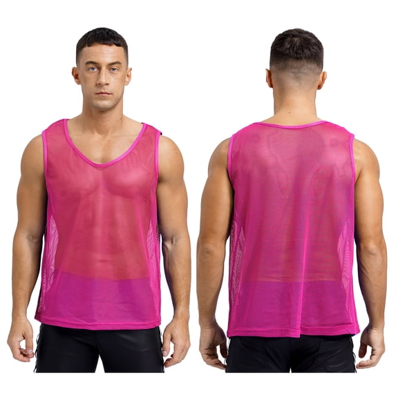 Raenseen Men's Mesh See Through Fishnet Muscle Tank Top Sleeveless Workout Crop Top T-Shirt Night Hot Pink L