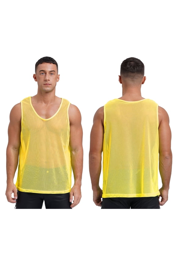 Men's Mesh See Through Fishnet Muscle Tank Top Sleeveless Workout Crop Top T-Shirt Night Yellow L