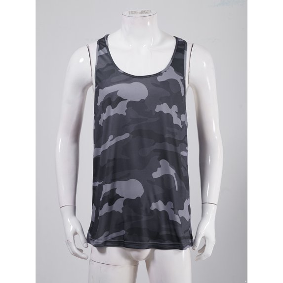 Raenseen Men's Muscle Tank Top Shirts Workout Sleeveless Camouflage Quick Dry Swim Vest Athletic Gym Charcoal Grey S
