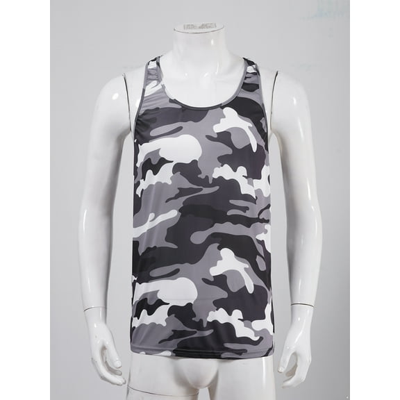 Raenseen Men's Muscle Tank Top Shirts Workout Sleeveless Camouflage Quick Dry Swim Vest Athletic Gym Gray XXL