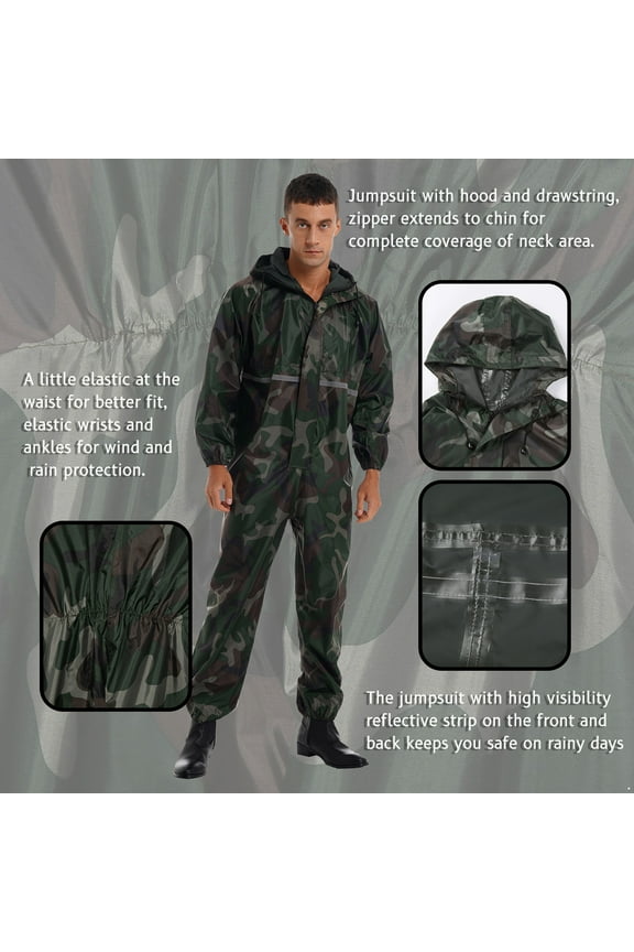Men's One Piece Jumpsuit Reflective Rainseal Waterproof Windproof Hooded Coverall Rain Coat Camouflage 190/4XL