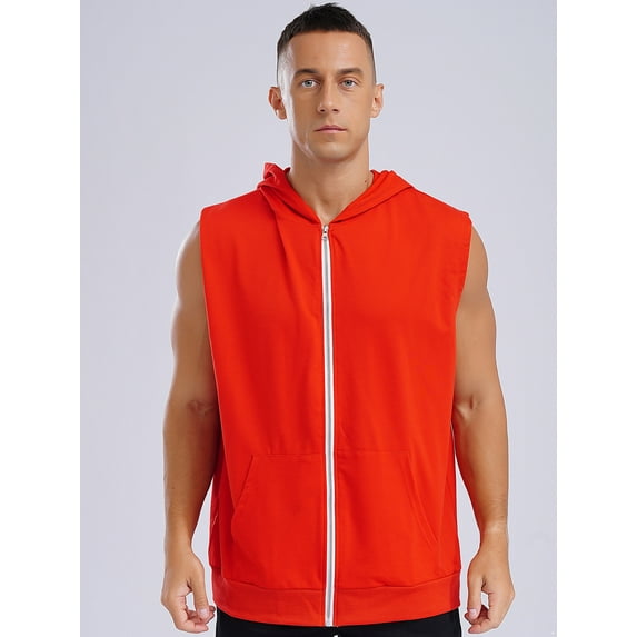 Raenseen Mens Fashion Sleeveless Athletic Hoodies Sport Sweatshirt Solid Color Pullover Gym Tank Top Red L