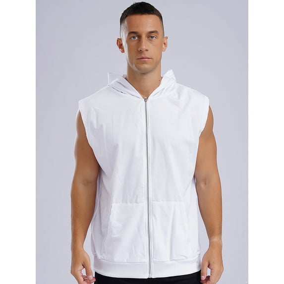 Raenseen Mens Fashion Sleeveless Athletic Hoodies Sport Sweatshirt Solid Color Pullover Gym Tank Top White 3XL