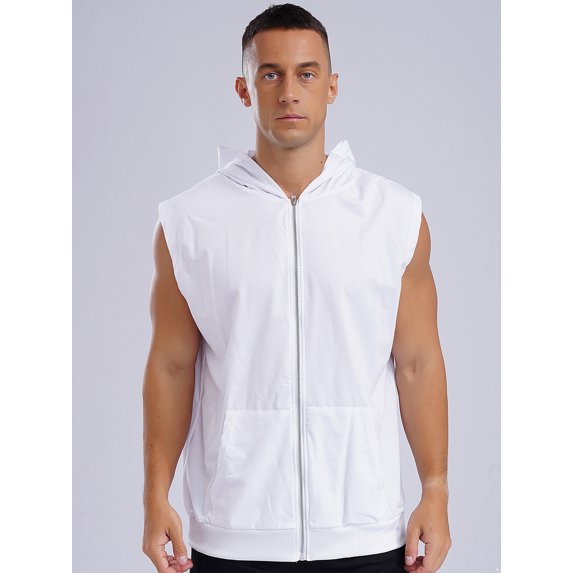 Raenseen Mens Fashion Sleeveless Athletic Hoodies Sport Sweatshirt Solid Color Pullover Gym Tank Top White XL