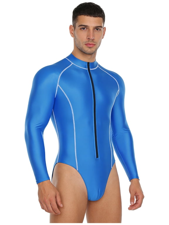 Mens Glossy Bodysuit Swimsuit Mock Neck Long Sleeve Front Zipper Leotard Jumpsuit Royal Blue M