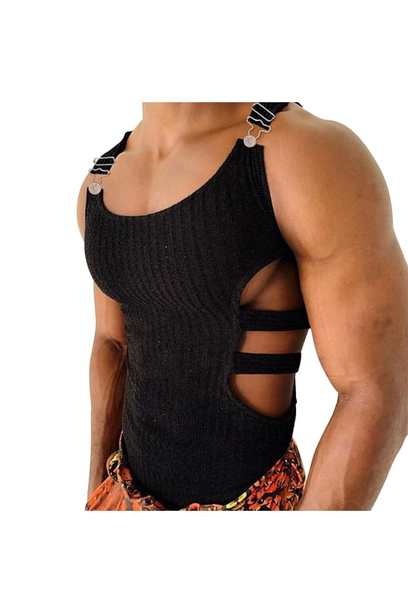 Mens Muscle Stringer Vest Bodybuilding Hollow Out Gym Tank Top Sleeveless T-Shirt Ribbed Black A S