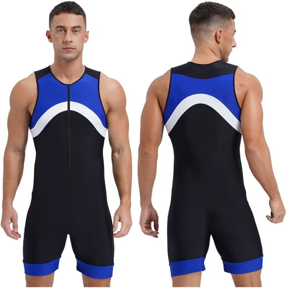 Raenseen Mens One Piece Swimsuit Bathing Swimming Suit Sleeveless Unitard Zipper Front Bodysuit Swim Blue L
