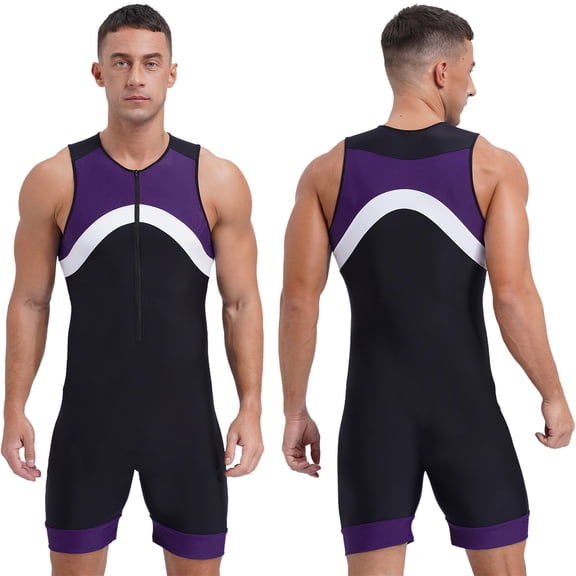 Raenseen Mens One Piece Swimsuit Bathing Swimming Suit Sleeveless Unitard Zipper Front Bodysuit Swim Purple M
