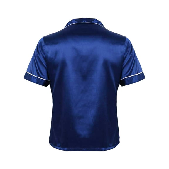 Raenseen Mens Silk Pajama Top Satin Home Sleepwear Short Sleeve Button Down Shirt Sleep Blouse Royal Blue L