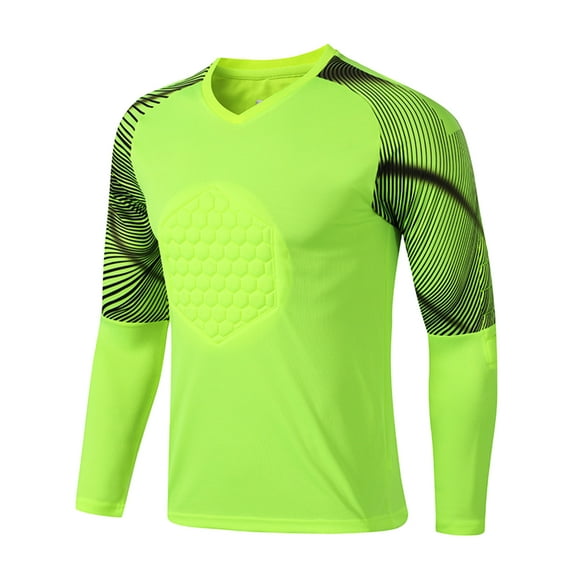 Raenseen Mens Soccer Jersey Padded Football Shirt Stylish Striped Long Sleeve Lightweight T-shirt Fluorescent Green L