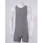 Raenseen Mens Striped Jumpsuits Wrestling Singlet Bodysuit Unitard Tank Top Gym Workout Romper White&Black L