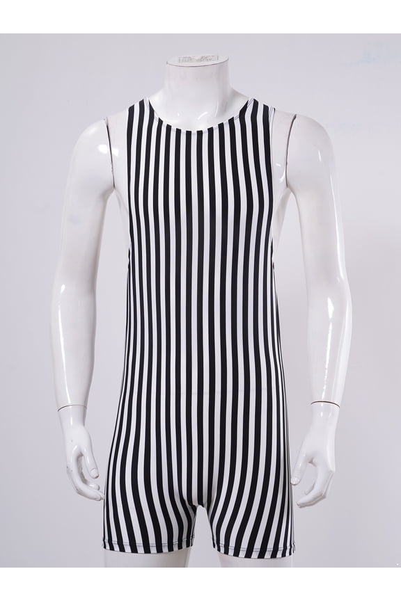 Mens Striped Jumpsuits Wrestling Singlet Bodysuit Unitard Tank Top Gym Workout Romper White&Black L