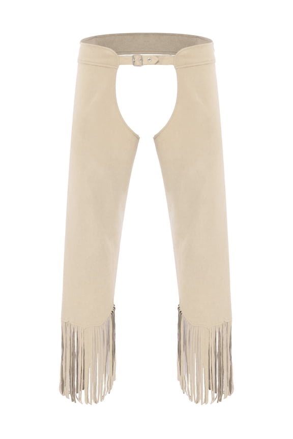 Mens Vintage Cowboy Cowgirls Chaps Faux Suede Pants Tassel Split Trousers Beige S