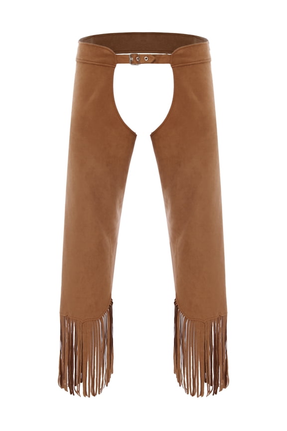 Mens Vintage Cowboy Cowgirls Chaps Faux Suede Pants Tassel Split Trousers Brown 3XL