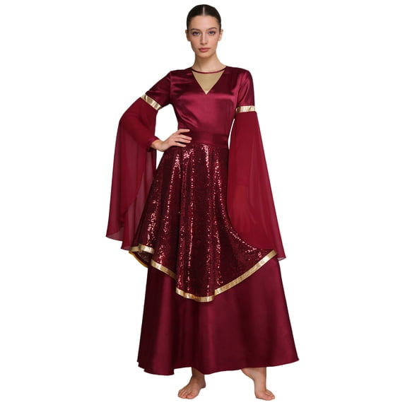 Raenseen Praise Dance Dress for Women Worship Liturgical Dancewear Tunic Dress and Sequined Skirt Burgundy L