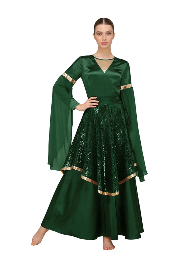 Praise Dance Dress for Women Worship Liturgical Dancewear Tunic Dress and Sequined Skirt Green S
