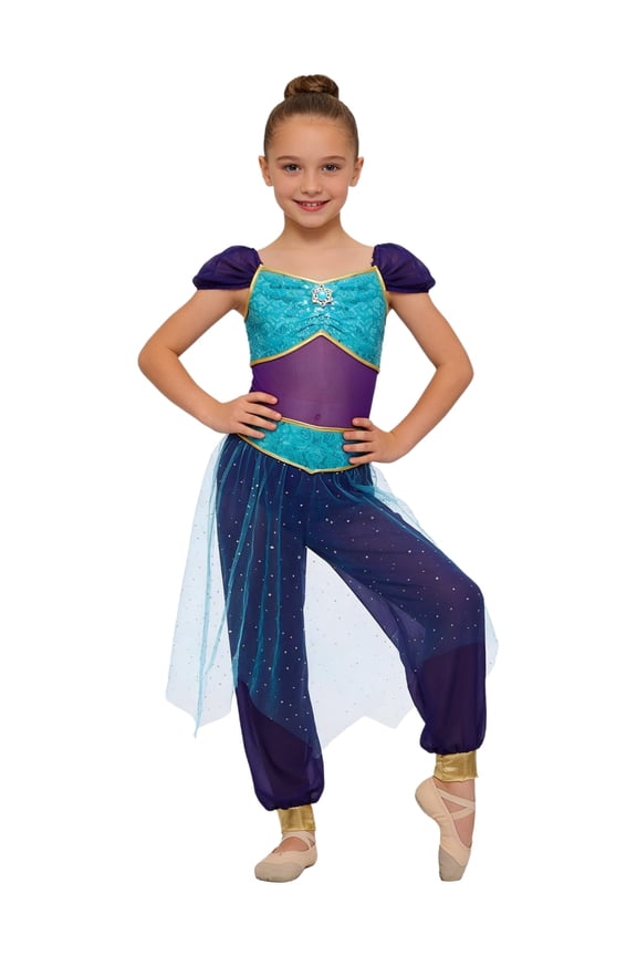Princess Belly Dance Rompers for Girls Rhinestone Decor Sequined Waist Tulle Overlay Jumpsuit Blue 16