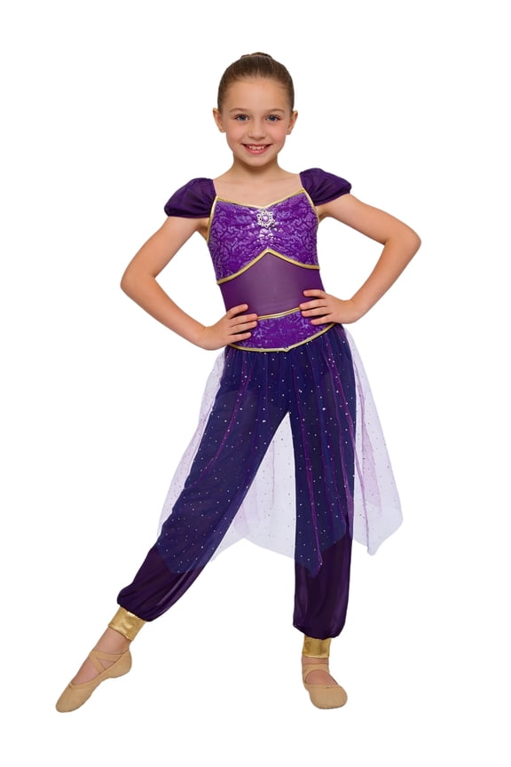 Princess Belly Dance Rompers for Girls Rhinestone Decor Sequined Waist Tulle Overlay Jumpsuit Purple 8