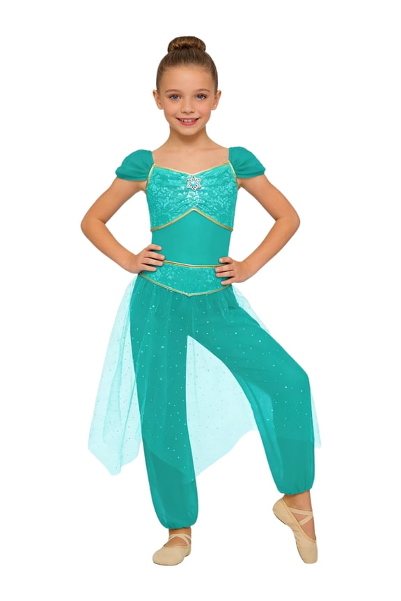 Princess Belly Dance Rompers for Girls Rhinestone Decor Sequined Waist Tulle Overlay Jumpsuit Turquoise 14