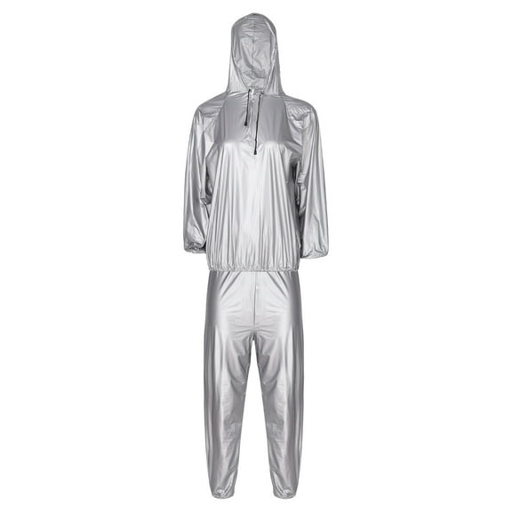 Raenseen Sauna Suit Men Women Lightweight Sweatsuit Long Sleeve Hoodies Top and Pants Set Gym Fitness Silver XXL