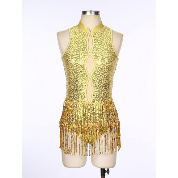 Raenseen Sequin Tassel Dance Dress for Womens Backless Ballet Leotards Sparkly Latin Jazz Salsa Dance Gold S