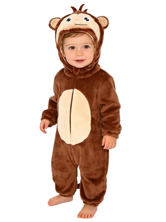 Toddler Baby Cute Animal Jumpsuit Long Sleeve Elastic Cuffs Zip-Up Overall Winter Warm Hooded 3D Tail Rompers Brown Monkey 70