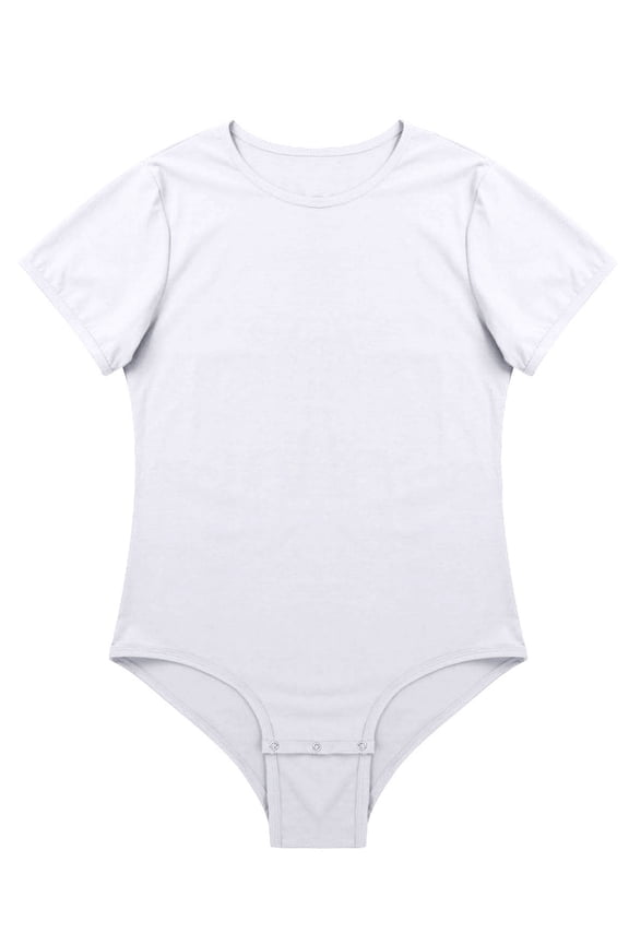 Unisex Elderly Incontinence Bodysuit Buttoned Crotch Crew Neck Short Sleeve Adaptive Clothing White M