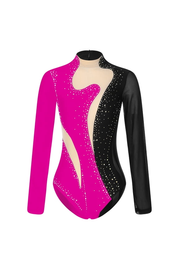 Women Adult Gymnastic Ballet Leotard Long Sleeve Athletic Leotards Dance Bodysuit Ballerina Black&Rose S