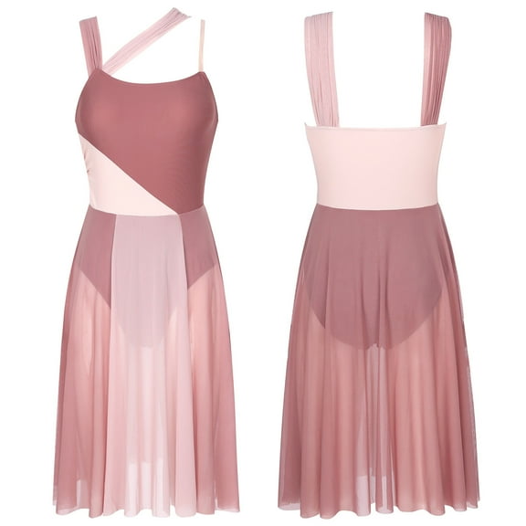 Raenseen Women Chiffon Lyrical Dance Dress Mesh Color Block Ballet Leotard Dress Modern Gymnastics Brown XS