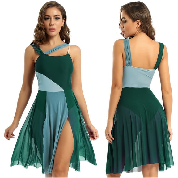Raenseen Women Chiffon Lyrical Dance Dress Mesh Color Block Ballet Leotard Dress Modern Gymnastics Green XS