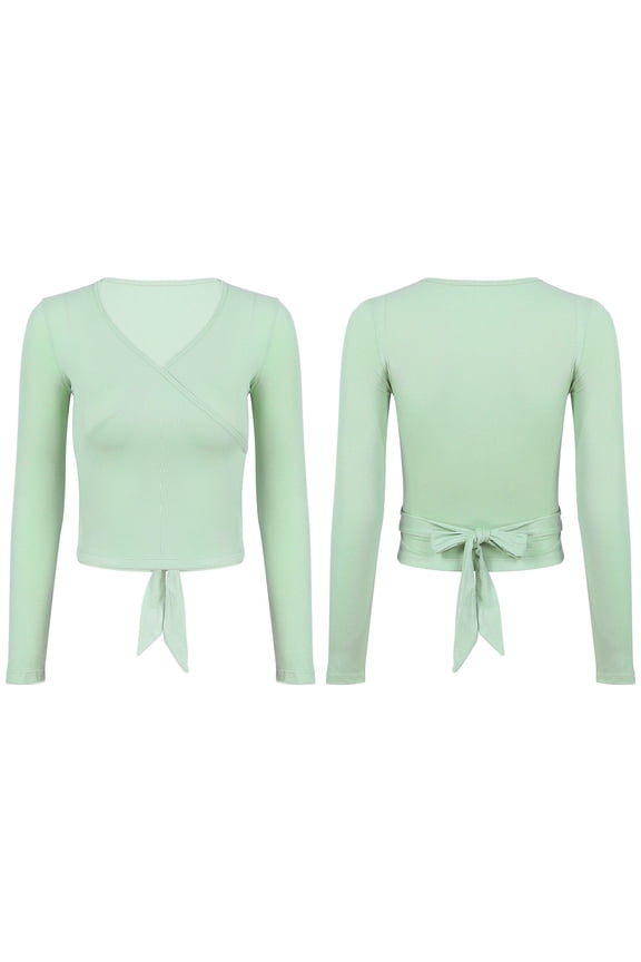 Women Classical Crochet Dance Top Cover Up Long Sleeves Straps at Back Yoga Ballet Blouse Light Green XXL