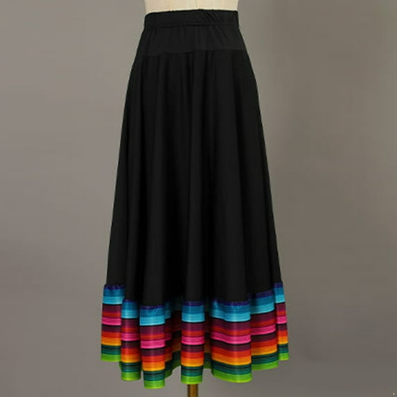 Raenseen Women Colorful Layers Full Dance Skirt for Spanish Flamenco Belly Dance Mexico Ballet Black 75cm 5XL