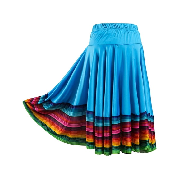 Raenseen Women Colorful Layers Full Dance Skirt for Spanish Flamenco Belly Dance Mexico Ballet Sky Blue 55cm L