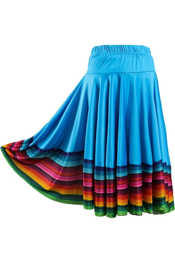 Raenseen Women Colorful Layers Full Dance Skirt for Spanish Flamenco Belly Dance Mexico Ballet Sky Blue 55cm XXL