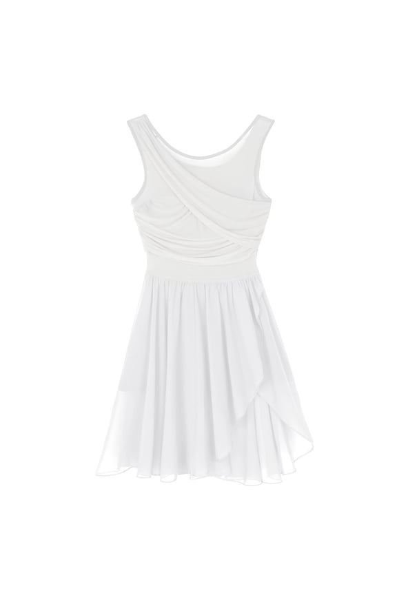 Women Contemporary Lyrical Dress V-Neck Flowy Chiffon Ballet Leotard Dress Modern Dance White XXL