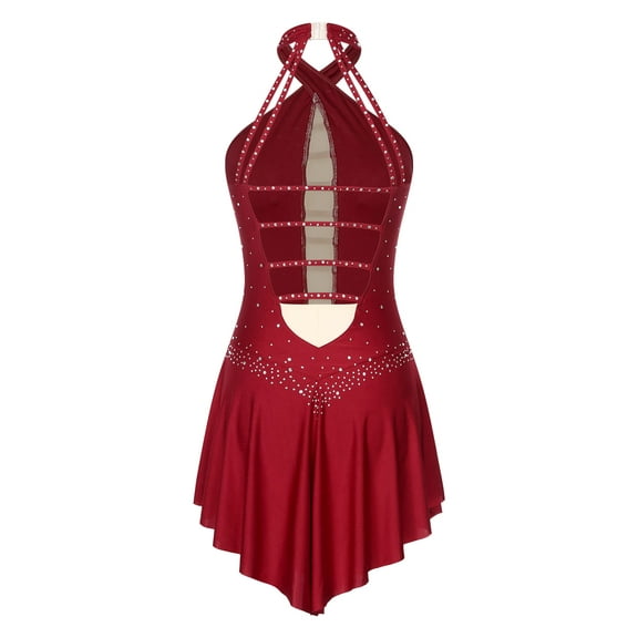 Raenseen Women Figure Skating Dress Sleeveless Rhinestone Ballet Leotard Gymnastics Bodysuit Burgundy L