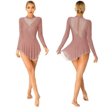 Raenseen Women Figure Skating Dress Turtlreneck Ice Skating Dress Ballet Lyrical Dance Leotards Brown XXL