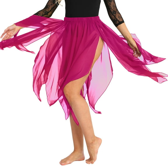 Raenseen Women Girls Belly Dance Chiffon Skirts Side Split Handkerchief Hem Dress Rose One_Size