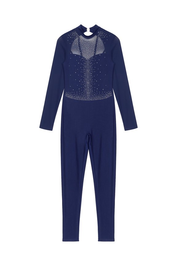Women Gymnastics Leotard Unitard Shiny Rhinestone Full Length Figure Ice Skating Jumpsuit Navy Blue L