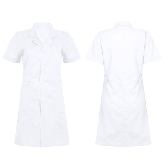 Raenseen Women Lapel Collar Button Front Hospital Nurse Scrub Dress Medical Doctor Lab Coat Uniform White S