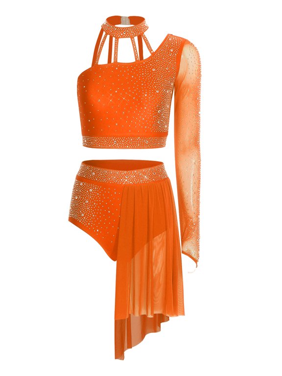 Women Latin Tango Dance Outfit Rhinestone Halter One-shoulder Crop Top with Mesh Shorts Orange S