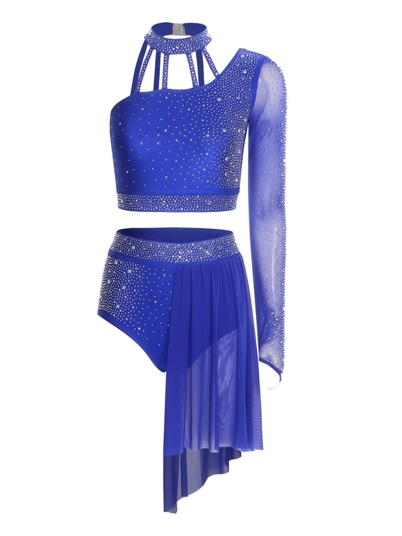Women Latin Tango Dance Outfit Rhinestone Halter One-shoulder Crop Top with Mesh Shorts Royal Blue S